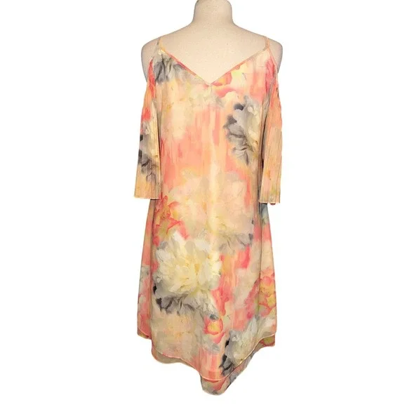 White House Black Market Floral Cold Shoulder Sleeve Dress Pink Yellow 4 H1 - Picture 8 of 10